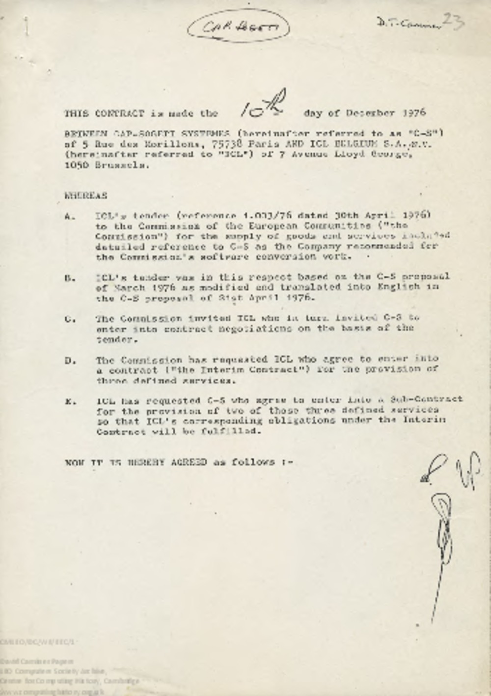 Article: 58171 Contract between Cap Sogeti Systems and ICL Belgium (Dec 1976)