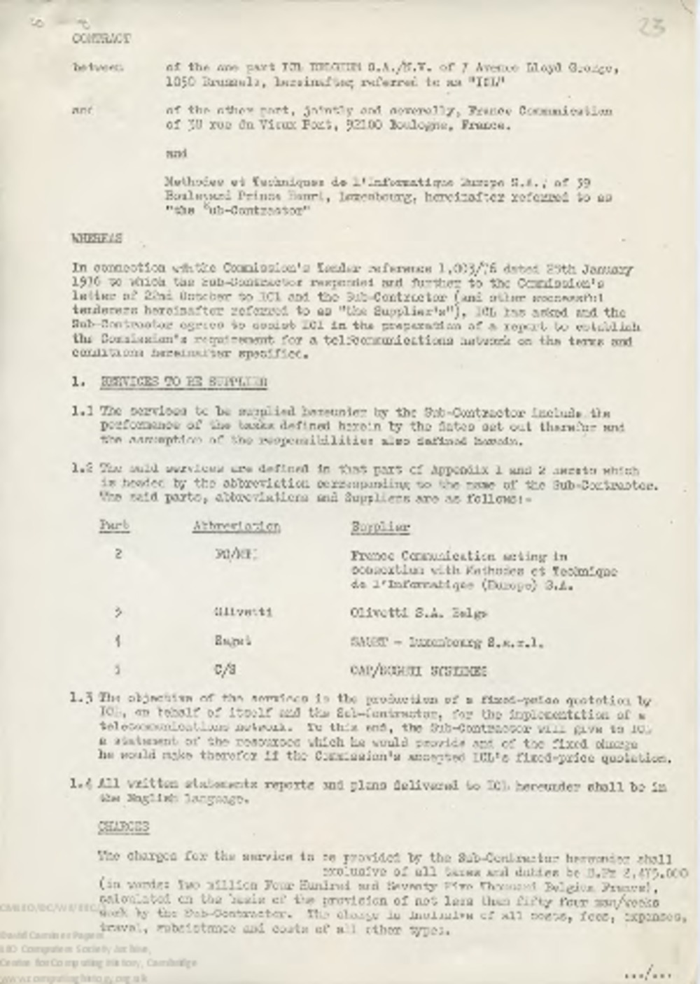 Article: 58172 Contract between ICL Belgium, France Communication (FC) and Methodes et Techniques de l'Informatique Europe S.A. (MTI) - Jan 1977