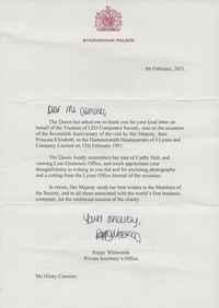 75420 Letter from Buckingham Palace to Hilary Caminer