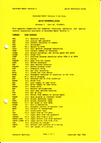 Extended BASIC Version 5  for Disk Quick Reference Card