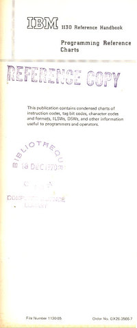 IBM 1130 Reference Handbook Programming Reference Charts 