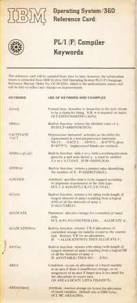 Operating System 360 Reference Card PL/I (F) Compiler Keywords