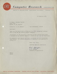 63076 Letter from Computer Research Corp, 27th February 1952