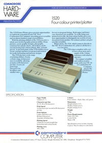 Commodore Hardware - 1520 Four Colour Printer/Plotter / 1701 Colour Video Monitor Information Sheet
