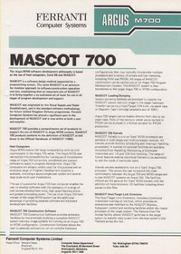 Ferranti Argus M700 Mascot 700 Information Sheet