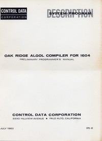 Oak Ridge Algol Compiler For 1604