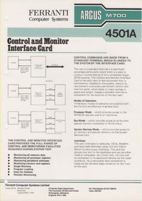 Ferranti Argus M700 4501A Control and Monitor Interface Card Information Sheet