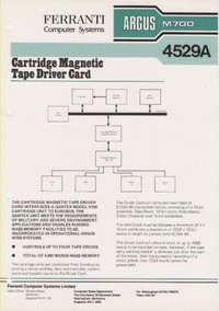 Ferranti Argus M700 4529A Cartridge Magnetic Tape Driver Card Information Sheet