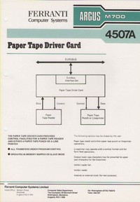 Ferranti Argus M700 4507A Paper Tape Driver Card Information Sheet