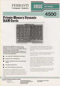 Ferranti Argus M700 4500 Private Memory Dynamic RAM Cards Information Sheet