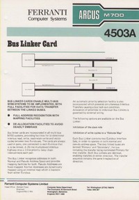 Ferranti Argus M700 4503A Bus Linker Card Information Sheet
