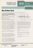 Ferranti Argus M700 4502A Bus Arbiter Card Information Sheet